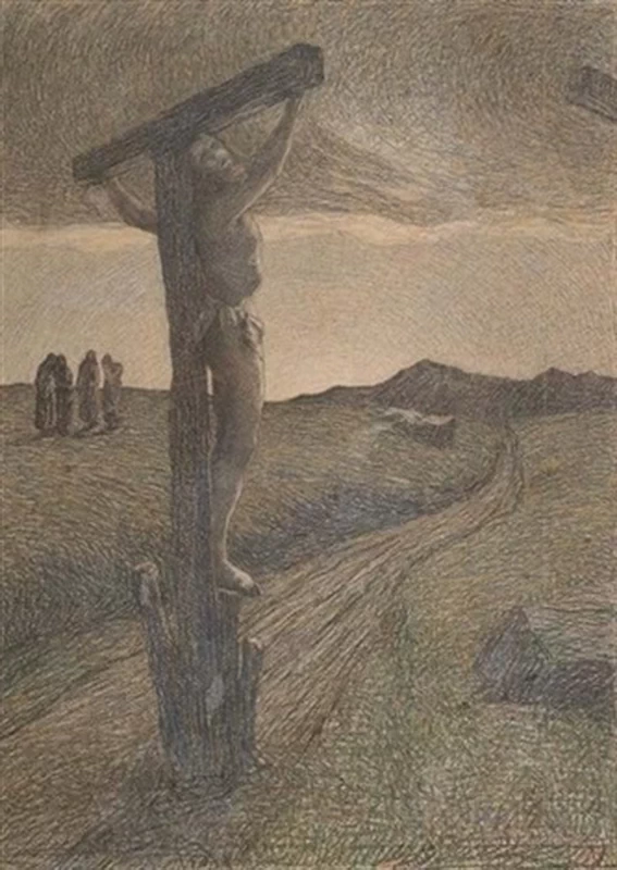 Crocifisso in paesaggio montano con quattro donne